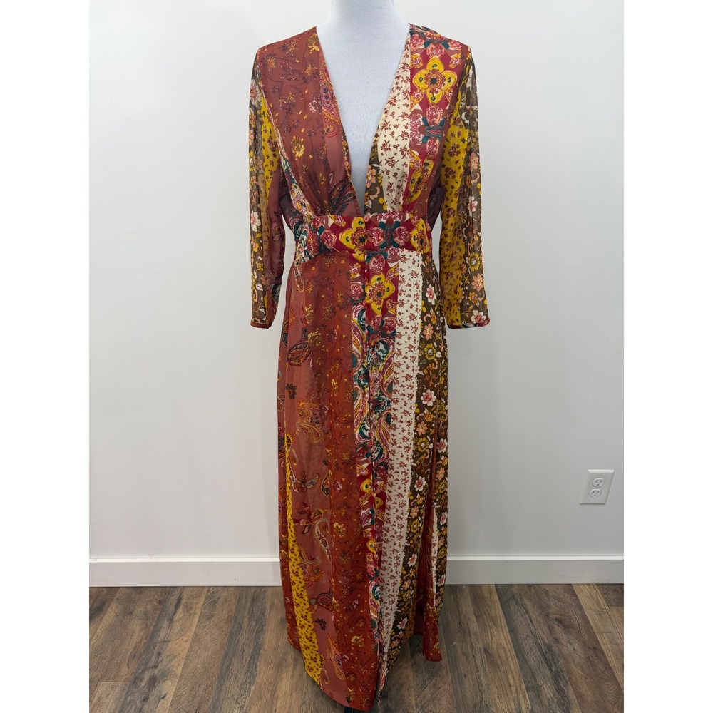 Live 4 TRUTH Patchwork Floral Paisley Maxi Dress Deep V-Neck Long Sleeve Medium